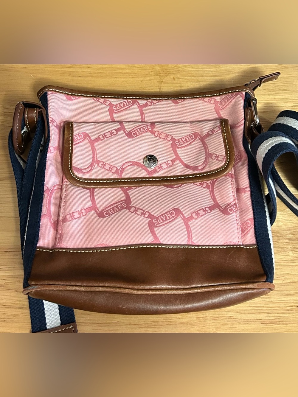 Chaps Pink Jacquard Crossbody with Brown Leather Trim and Navy-Striped Strap - Picture 2 of 7